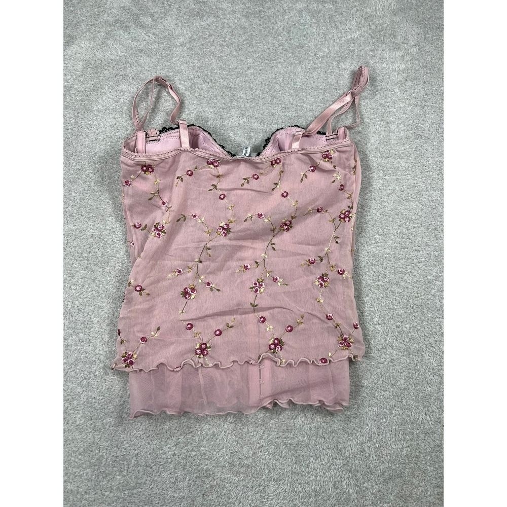 Rampage Pink Floral Embroidered Mesh Bustier Corset Top Black Lace Trim 34B Y2K‎ - Picture 9 of 12